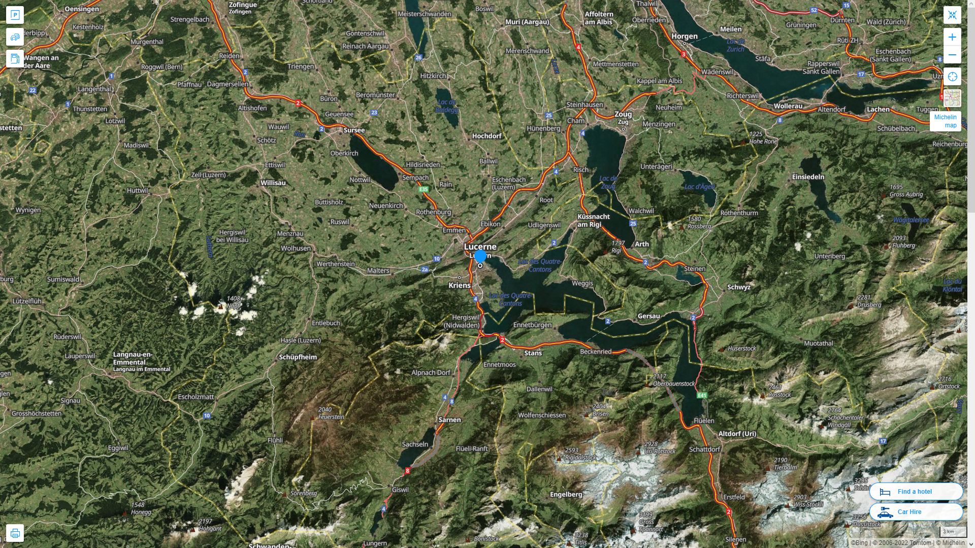 Lucerne Suisse Autoroute et carte routiere avec vue satellite